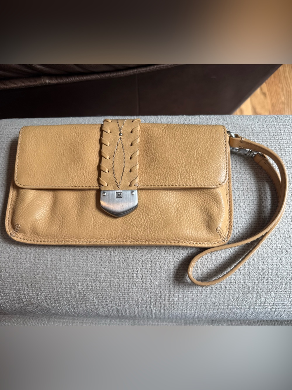 Michael Kors Tan Peeble Leather Wristlet Clutch Purse Western Lacing Embroidery